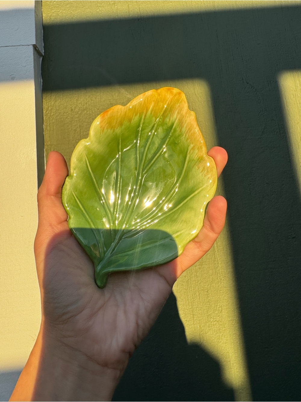 Glazed Ceramic Leaf Dish in Green with Yellow Rim
